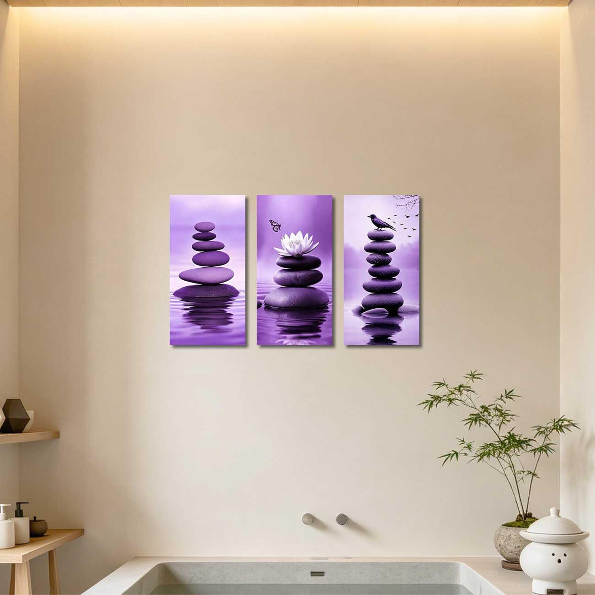 Set of 3 Zen Bathroom Canvas Wall Art Prints Purple Zen Stone & Bird Poster Water Lily with Butterfly Paintings Picture Yoga Meditation Artwork Spa Room Decor (Purple / 40x20inx3 Pieces)