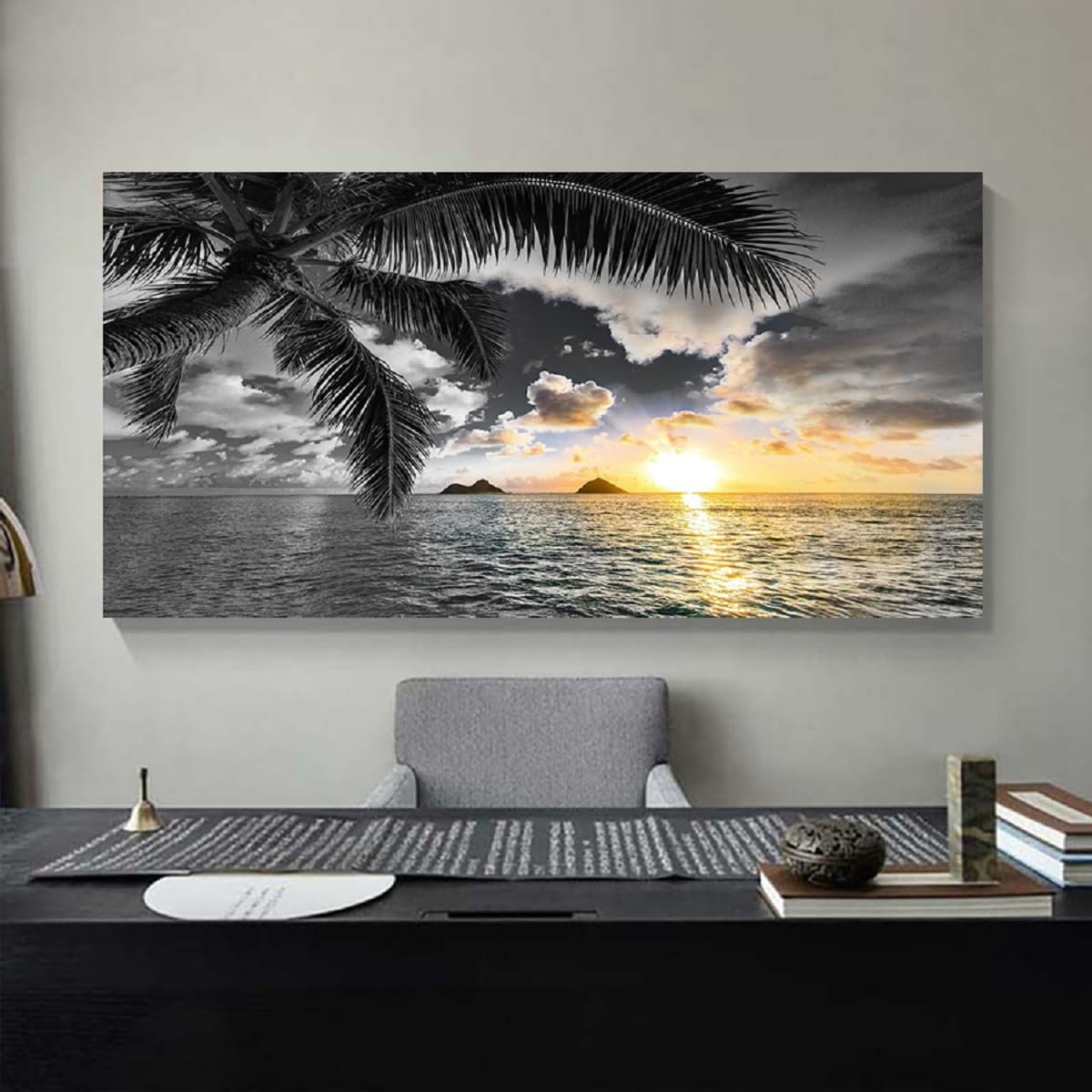 Wall Decor Living Room Black and White Beach Wall Art Sunset Seascape Pictures Palm Canvas Prints Art Wall Decor Bedroom Ocean Poster Painting for Home Office Decoration Scenery Artwork (beach HB / 40"L x 20"W)