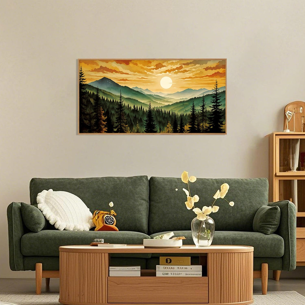 Large Boho Sunset Mountain Framed Canvas Wall Art (Sunset Forest Mountain Wall Art / 40"L x 20"W)
