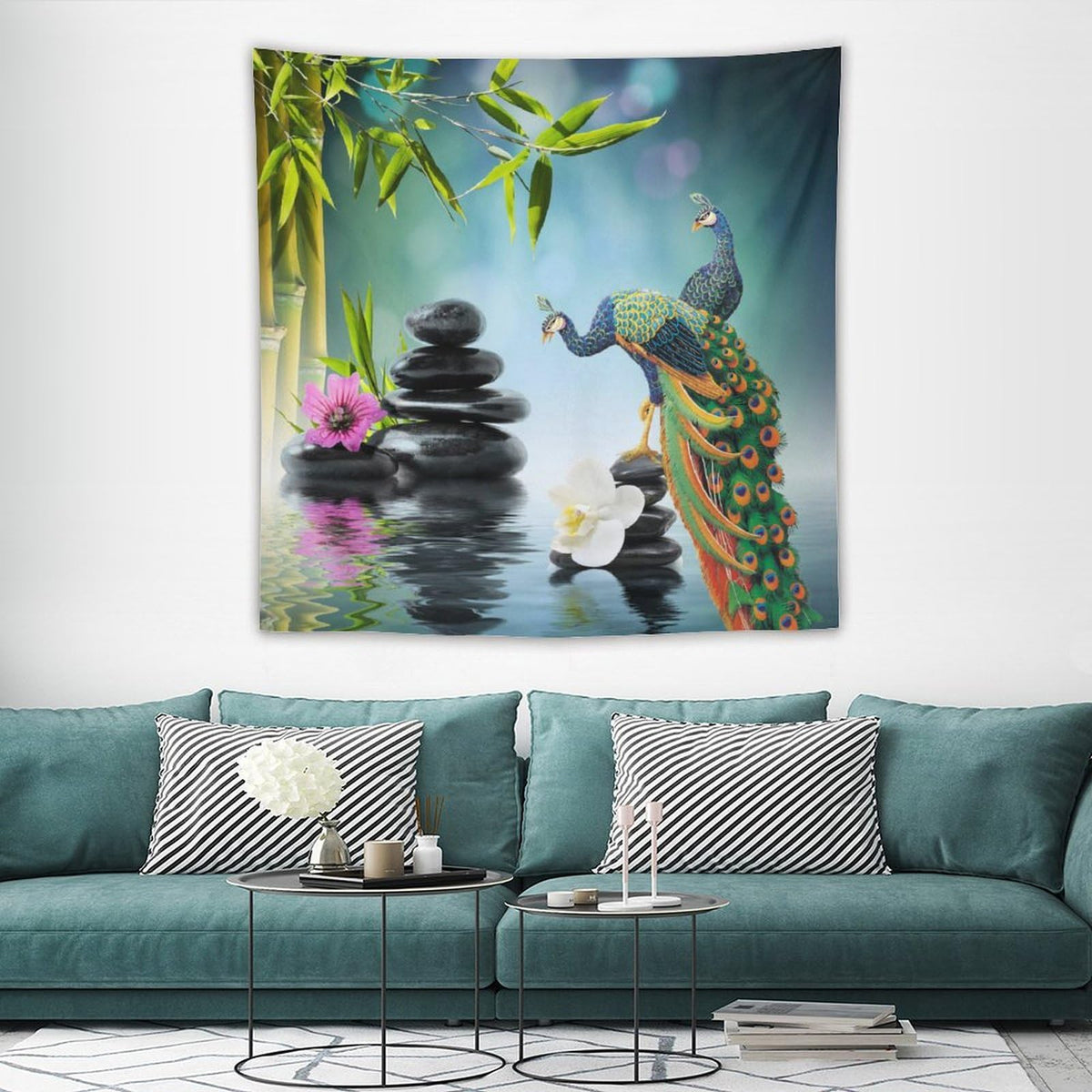 Zen Garden Tapestry Wall Hanging Peacock Green Bamboo Leaf Purple White Flower Black Stone Water Landscape Spa Themed Tapestries Home Decor for Living Room Bedroom 60"x60" (60"L x 60"W / Zen-9)