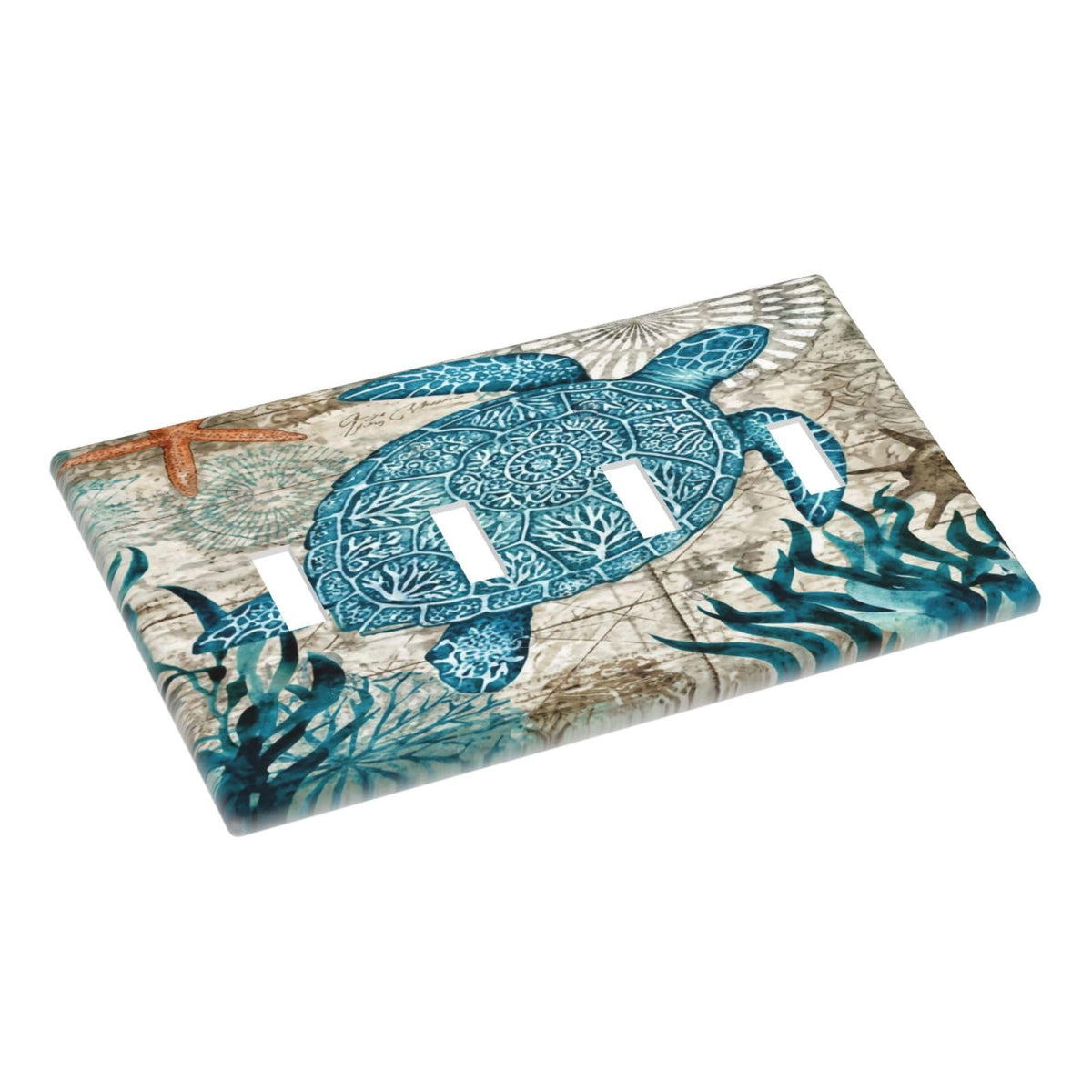 Nautical Beach Turtle Coastal Decorative 4 Gang Quad Toggle Light Switch Cover Plate Decorative Electric Quadruple Device Faceplate Switchplate Screwless (Nautical Beach Turtle Coastal / 4 Gang Quad Toggle)