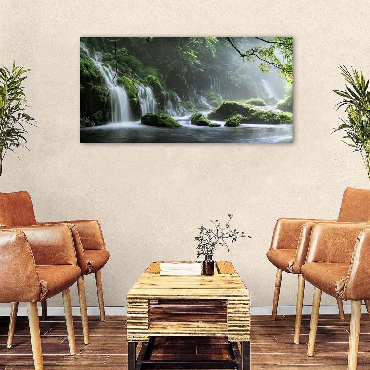 Green Forest Wall Art Lake Waterfall Nature Picture for Living Room Wilderness Mountains Zen Wall Decor National Park Photo Prints Canvas Rustic Scenic Poster Bathroom Bedroom Home Decorations 24x48" (48"L x 24"W / Forest Waterfall)
