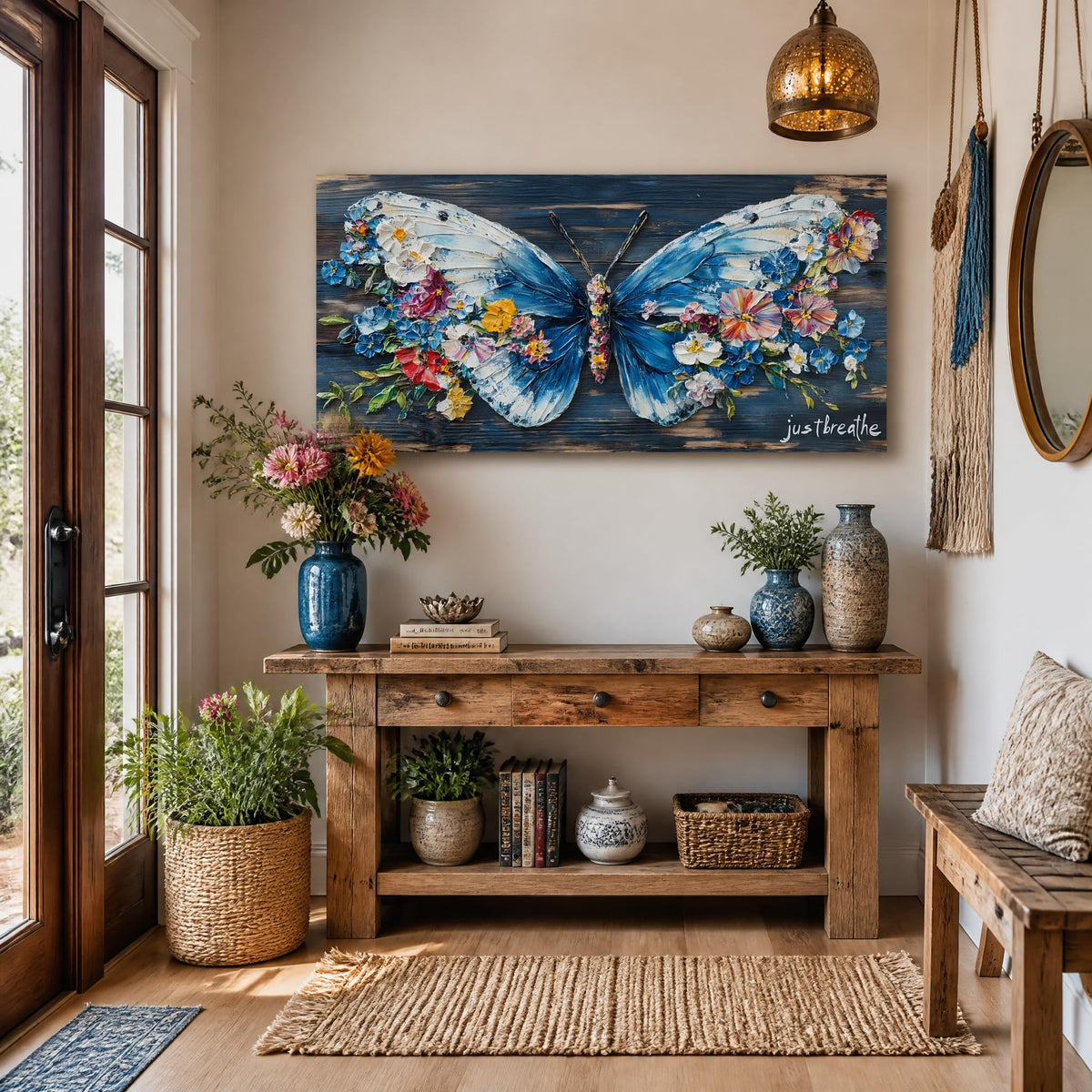 Blue Floral Butterfly Canvas Wall Art Just Breathe Inspirational Quote Painting Print Gallery Wrapped Rustic Wood Artwork for Living Room Bedroom Bathroom Decor (Wildlife / White Butterfly Flowers 4 / 40"L x 20"W)