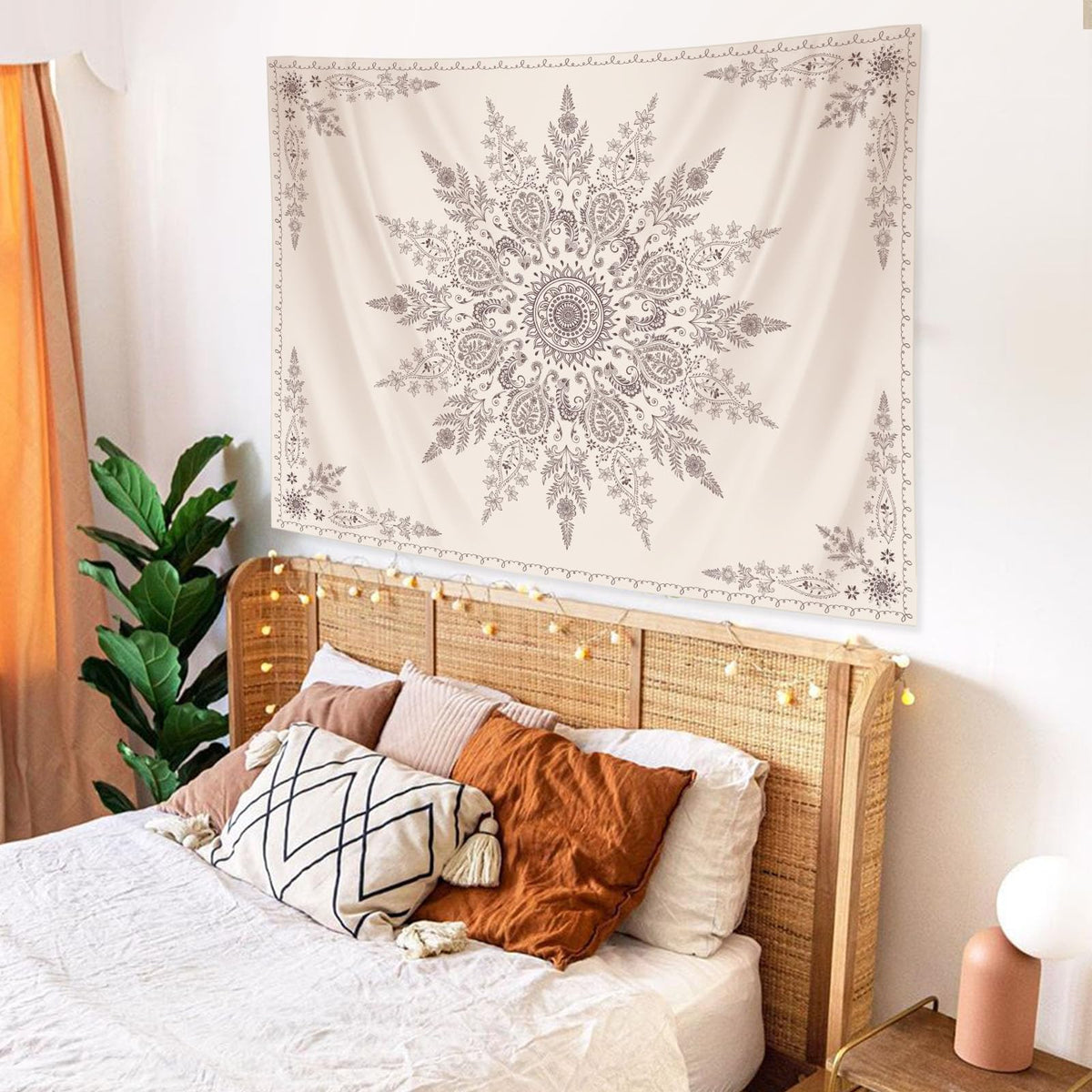 Boho Floral Tapestry Mandala Wall Tapestry (90"L x 70"W / Off White)