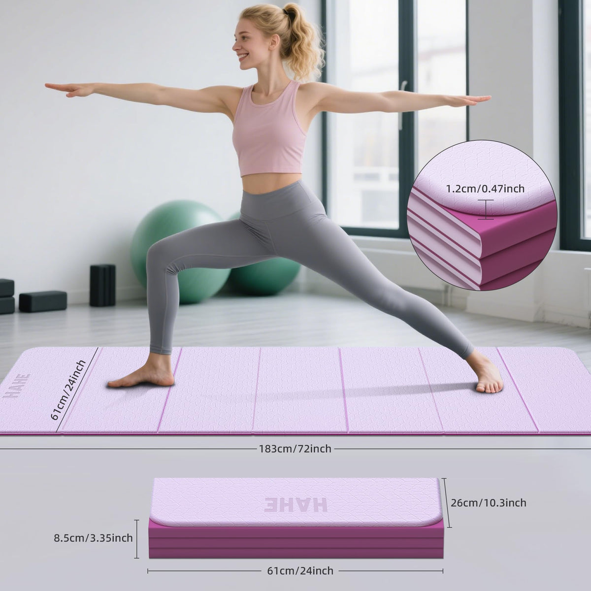7 Fold Design Extra Thick Yoga Mat 72"L x 24"W x 0.47" (Deep Pink & Light Pink)