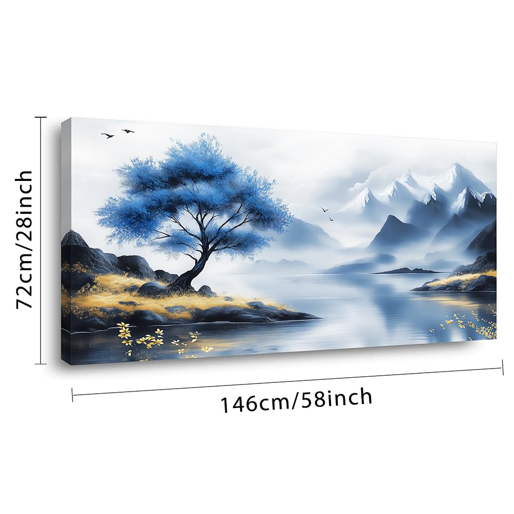 Blue Tree Lake Wall Art for Living Room Canvas Painting Prints Beautiful Mountain Lakeside Landscape White Nature Artwork Office Bedroom Family Room Decor Extra Large (58L" x 28W" / Yellow and Blue Wall Art(k826))
