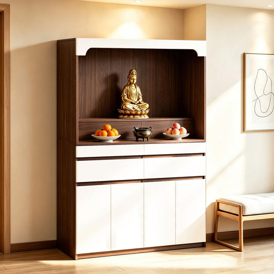 Altar Table Pooja Cabinet with Drawers and Storage Cabinets (51.2×15.7×65.4in / White + Dark Brown Natural Wood)