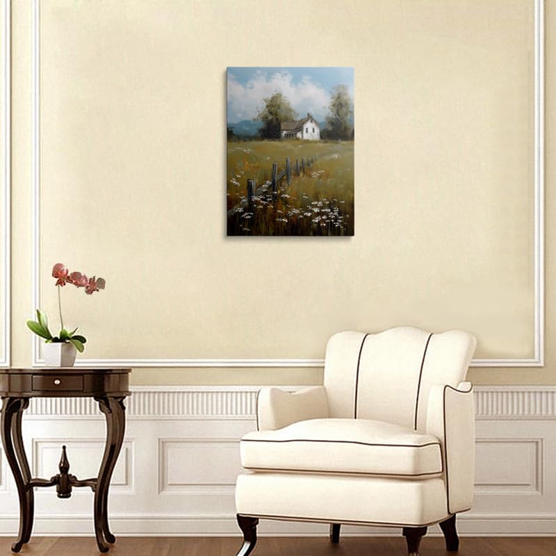 Calming Country Farmhouse Canvas Wall Art Framed Serene Landscape Painting White Farmhouse Wooden Fence Wildflowers Vintage Style Textured Brushstrokes Wall Decor Artwork Poster 16x24 Inches (wooden house / 24"L x 16"W)