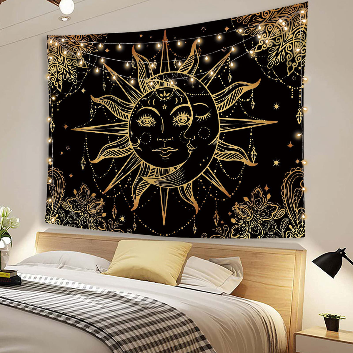 Hippie Sun and Moon Tapestry Bohemian Tapestry Aesthetic Cute Tapestries for Bedroom and Living Room Decor Sun 60×80 Inches (Golden Black / 80"L x 60"W)