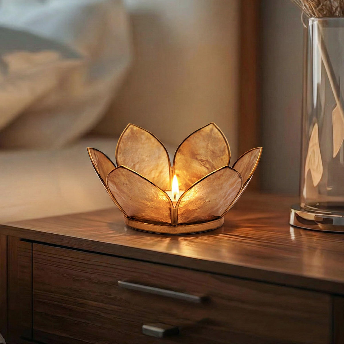 Moonshadow Handmade Capiz Shell Lotus Tea Light Holder (Gold)
