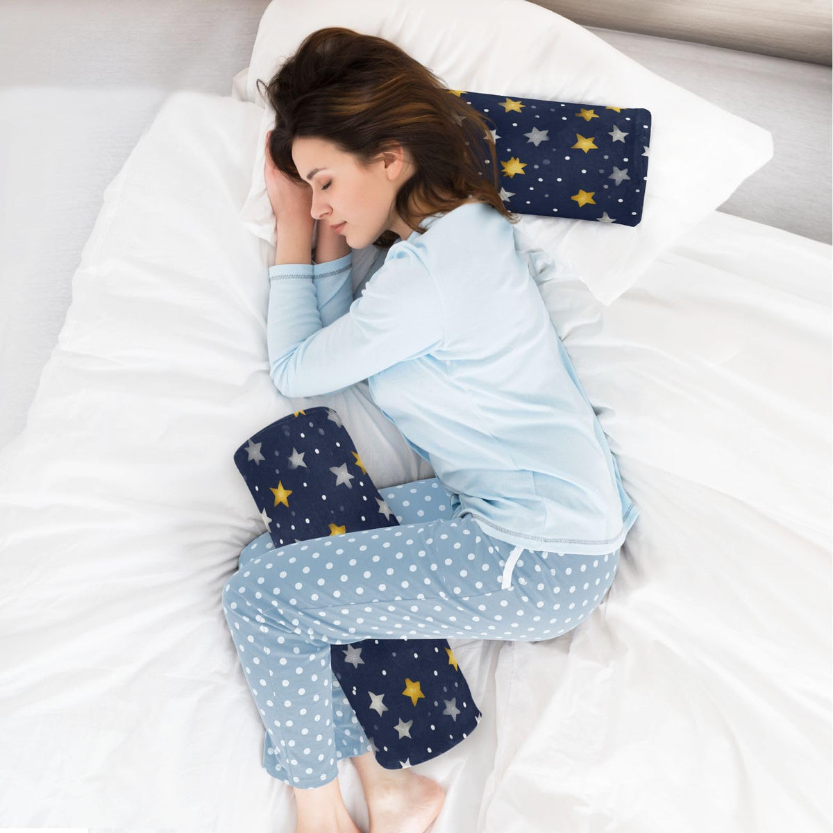 Navy Blue Stars and Polka Dots Neck Roll Pillow Bolster Round Health Memory Foam Long Cervical Cylinder Pillows with Removable Washable Cover for Body Bed Legs Back Yoga (Navy Blue Stars and Polka Dots)