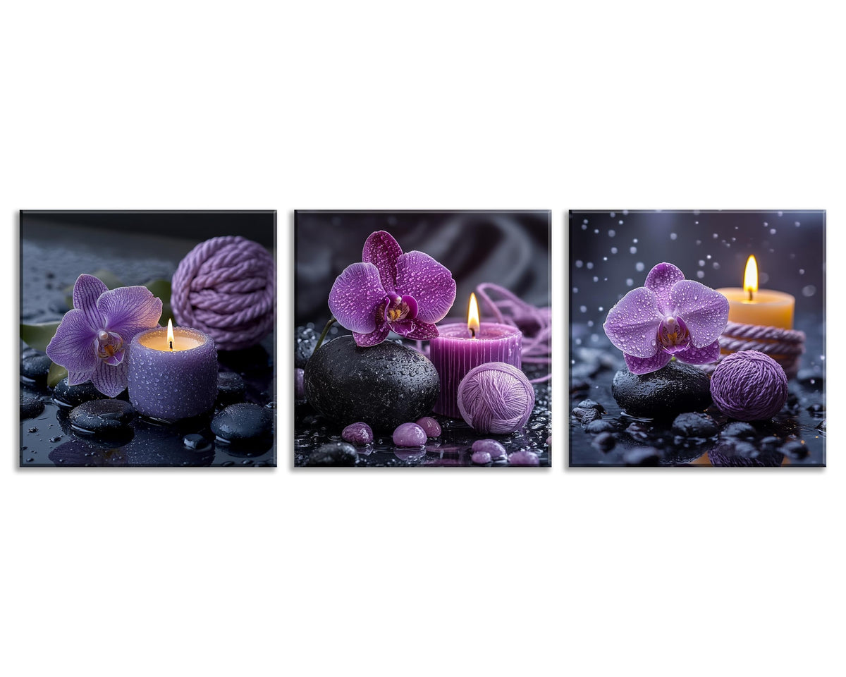 3PCS Purple Orchid Candle Canvas Wall Art Zen Spa Decor Black Stones Water Droplets Relaxing Purple Aesthetic Tranquil Meditation Artwork for Bedrooms Living Rooms Bathrooms Wellness Spaces (20X20inchX3pcs / Purple Orchid Candle)