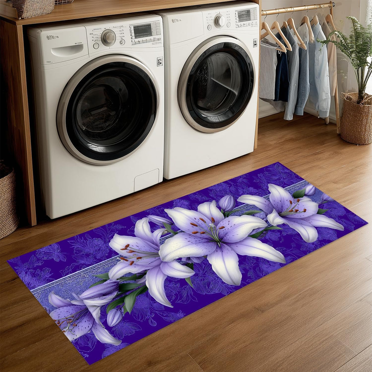 Purple Floral Laundry Room Rug 20x47 Inch (#66)