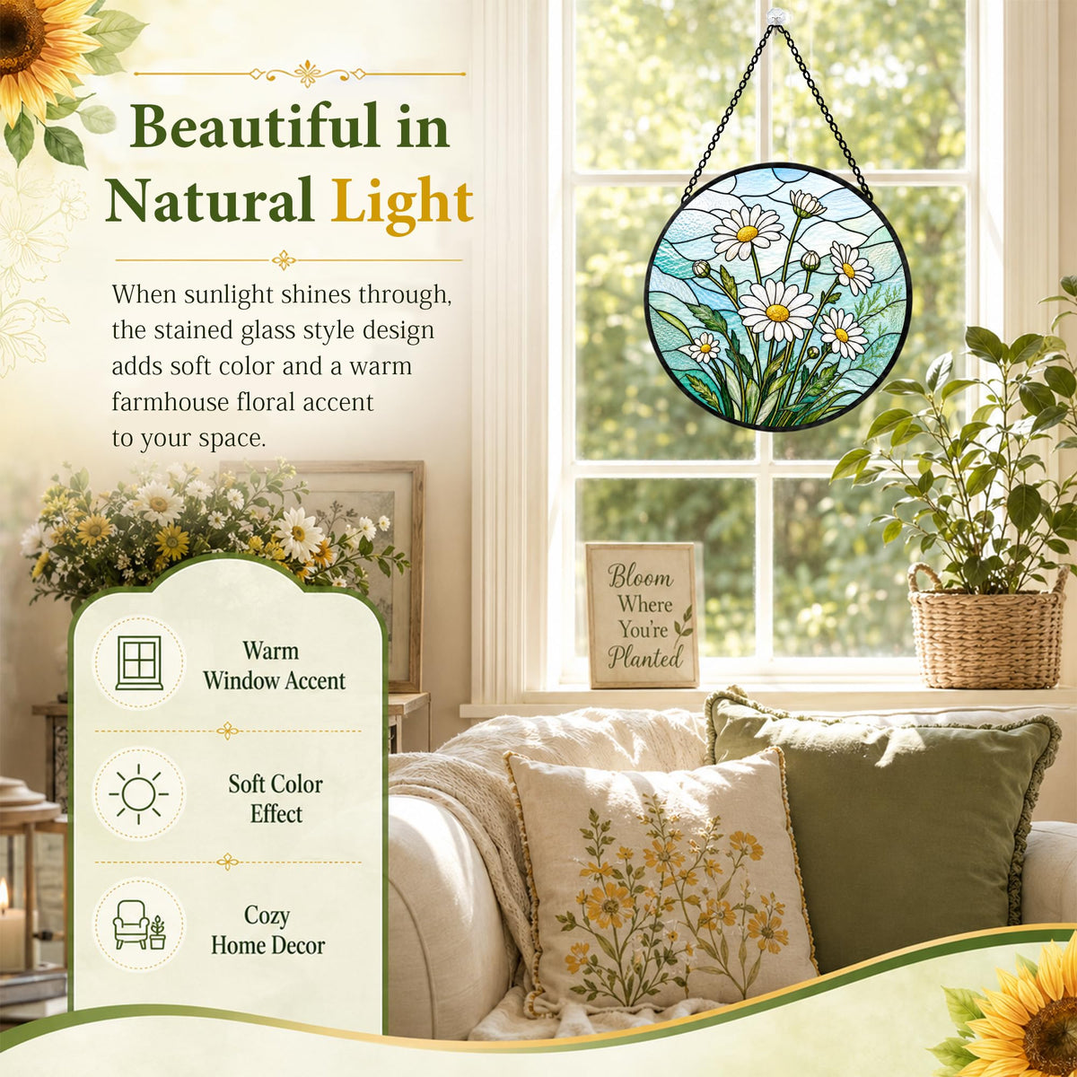 Daisy Gifts for Women Suncatcher Stained Glass Window Hanging 9.8in (Daisy / 9.8 x 9.8 IN)