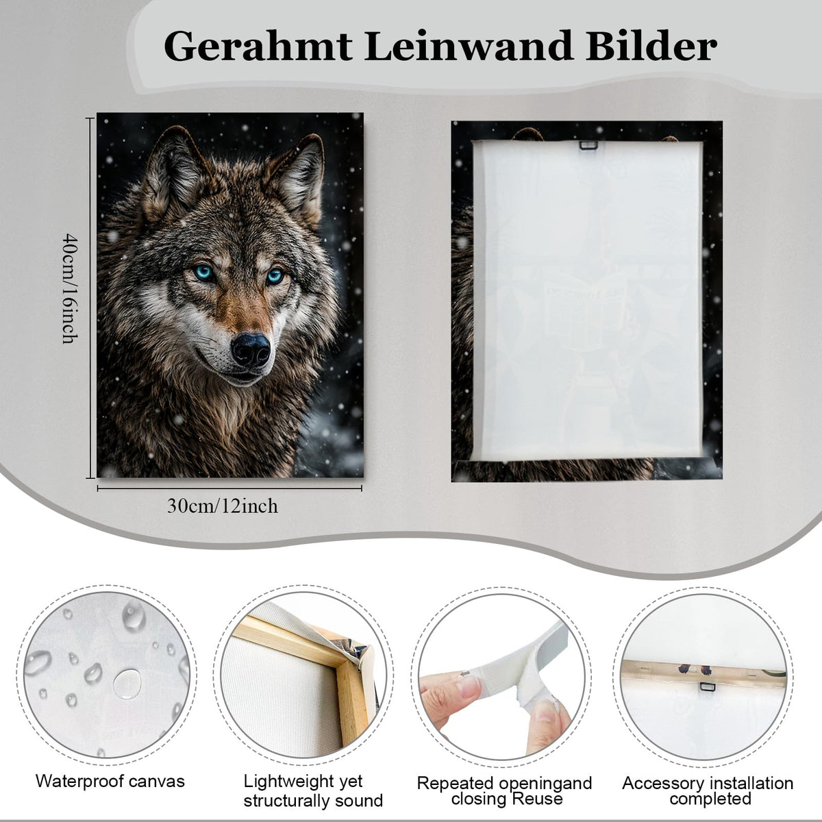 3 Piece Framed Canvas Wall Art 16x20 Wolf Animal Portrait Pictures for Living Room Bedroom Office Hallway Easy No Drill Hanging with Strips and Hooks (Animal-themed canvas paintings60)