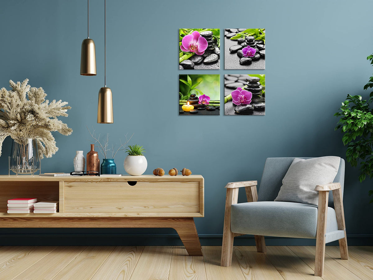 Modern 4 Piece Massage Stones Zen Pink Orchid Flower Plants Candles Canvas Wall Art Spa Still Life Modern Home Decor Ready to Hang Painting for Living Room Decoration Stretched and Framed (12X12inchX4 / orchid & stone)