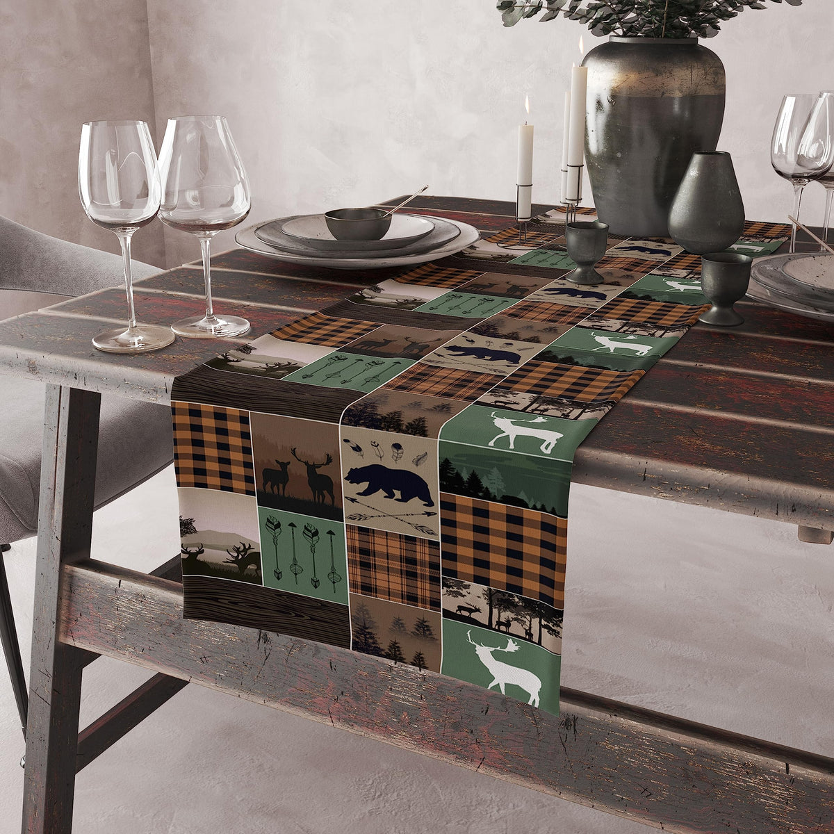 Rustic Country Cabin Hunting Moose Table Runner (13x72inch / Bear-4)