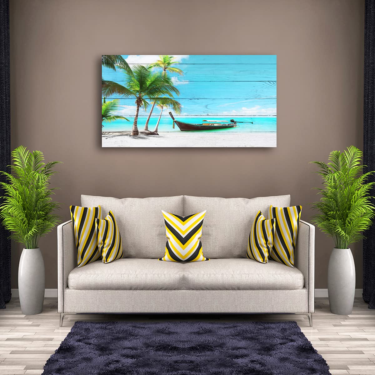 Beach Picture Canvas Prints Coconut Tree Ocean Wall Art Home Decor Natural Seascape Paintings for Living Room Bathroom Bedroom Office Kitchen Decorations Wooden Framed Landscape Artwork 28x57 inchs (57"L x 28"W / Blue Ocean and Green Coconut Trees)