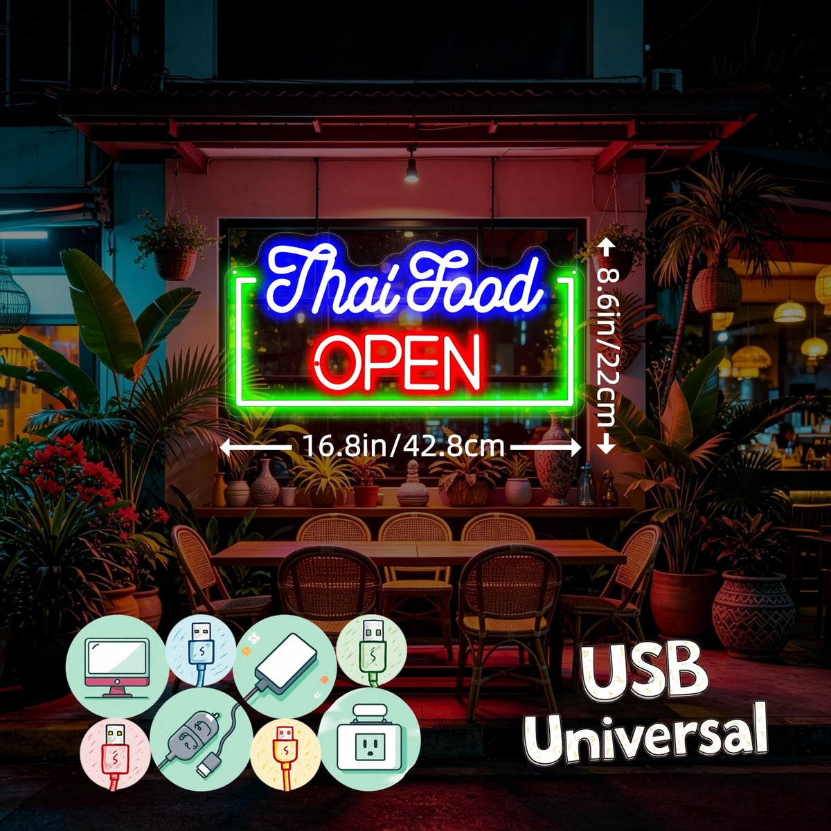 Thai Food Open Neon Sign Asian Cuisine Restaurant LED Wall Decor (Thai food)