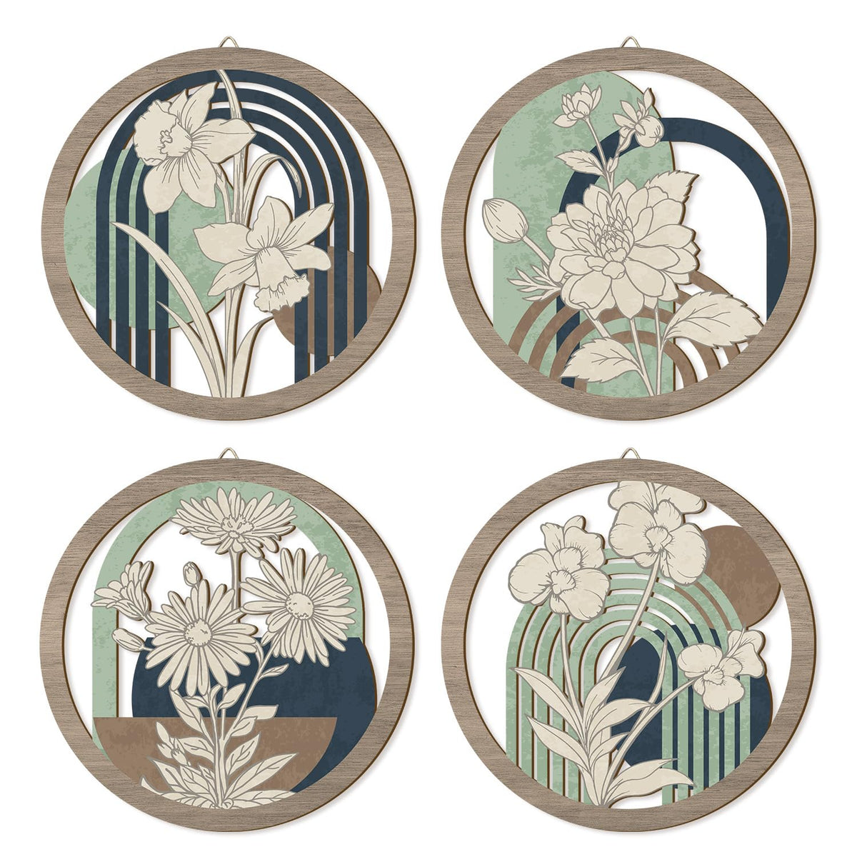 Minimalist Botanical Wooden Wall Art Geometric Boho Flower Wall Decor (4pcs Abstract Arch Floral Wooden Wall Art)