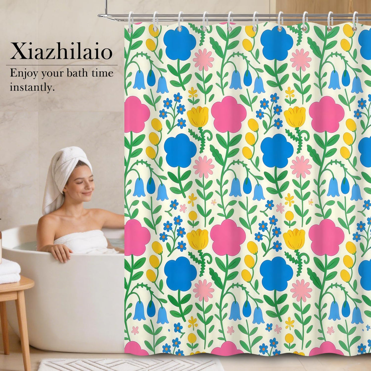 Colorful Floral Shower Curtain with Hooks (Cartoon Flowers)