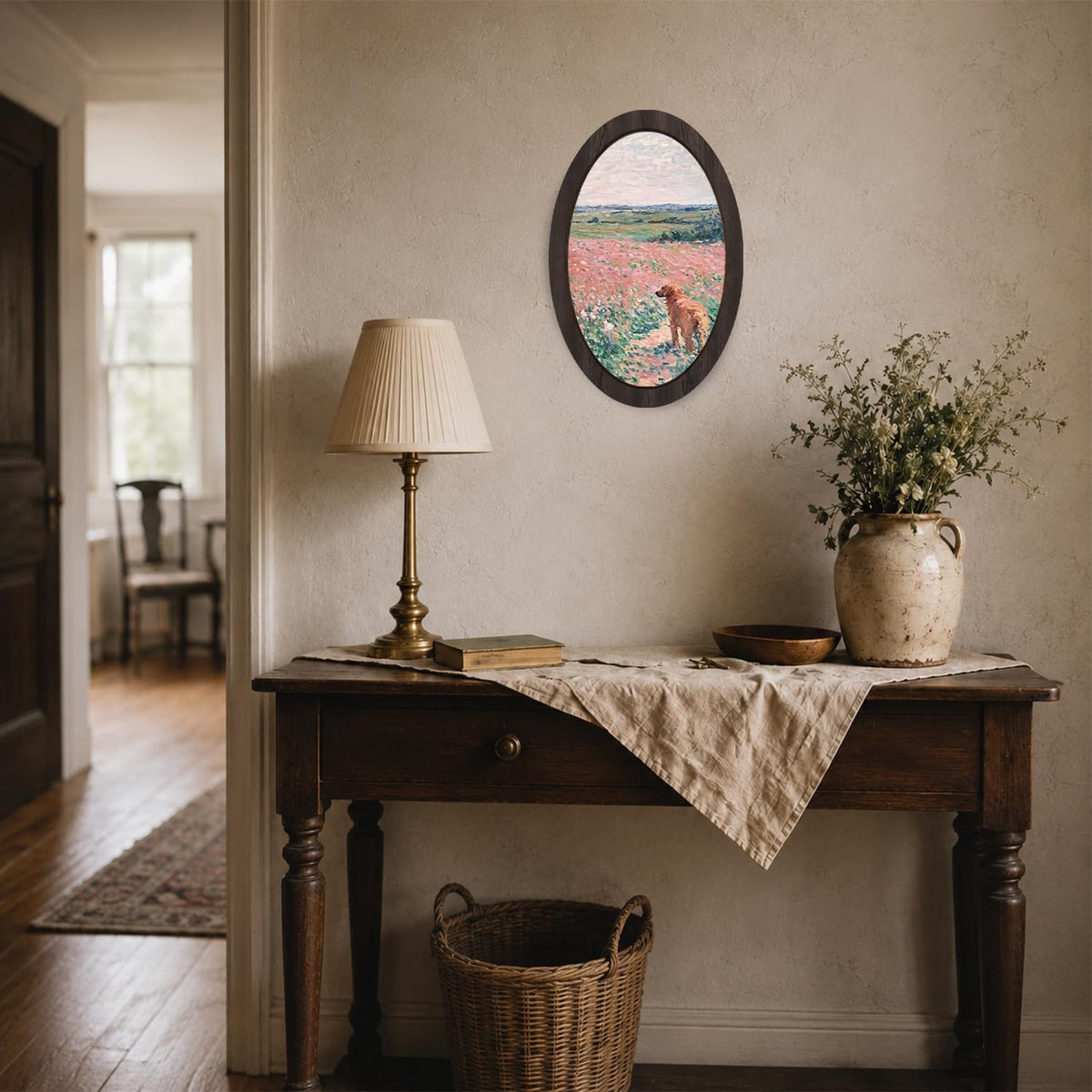 Monet Inspired Pink Floral Golden Retriever Dog Oval Wall Art (field dog)
