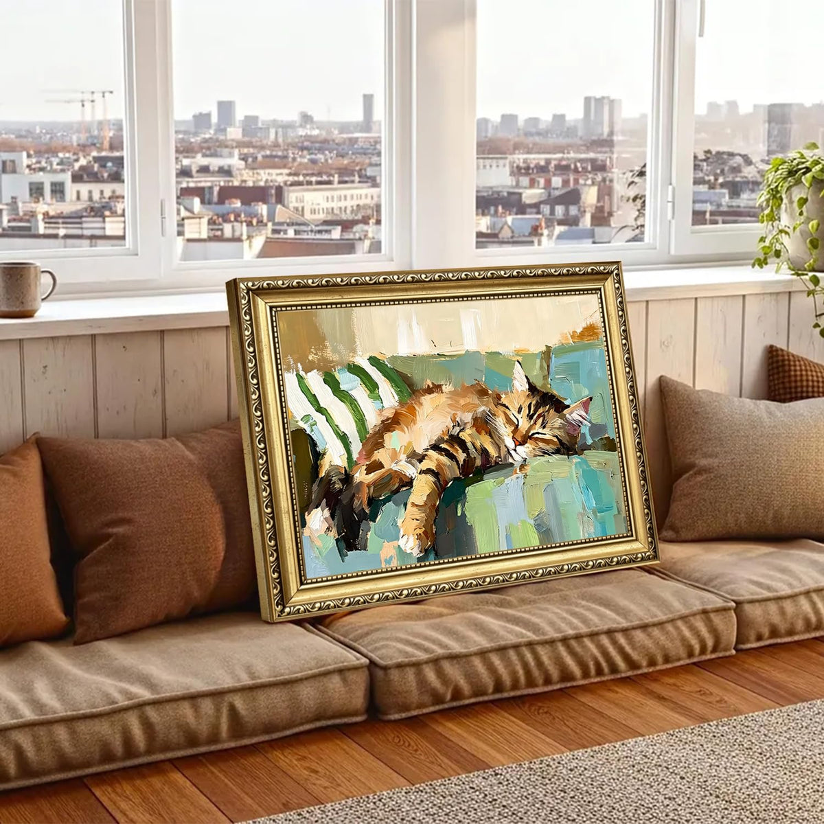 Sleeping Cat Wall Art Cute Tabby Cat Wall Decor Picture Cozy Kitty Animal Canvas Painting Print for Bedroom Living Room 24x16 inch Gold Framed (Animal-P / 24"L x 16"W)