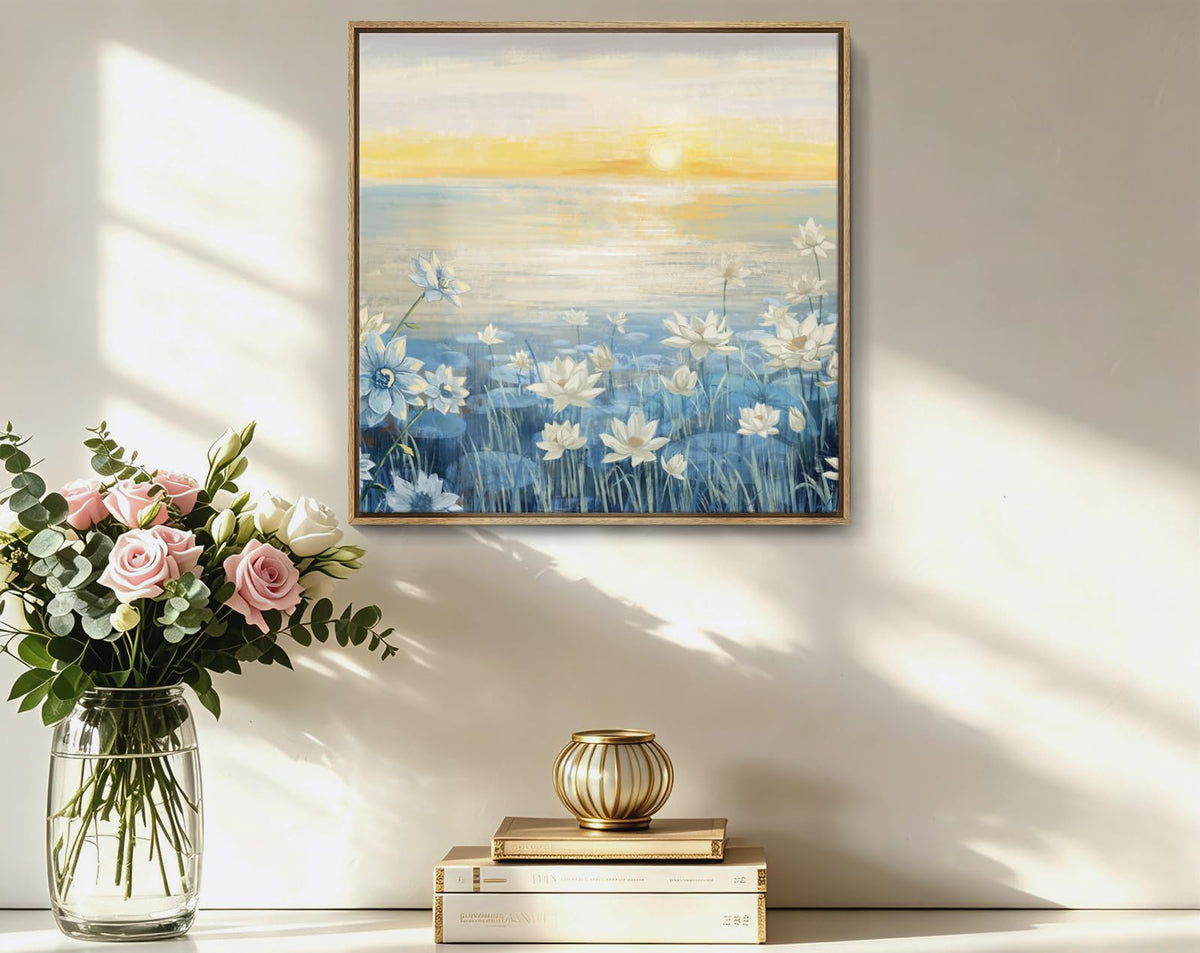 Bathroom Decor Wall Art Framed Canvas Wall Art Modern Beach Coastal Floral Sunset Boho Ocean Artwork Blue Yellow Lotus Flower Zen Wall Picture for Bedroom Kitchen Office Small (Sunrise Wall Art / 13.5"L x 13.5"W)