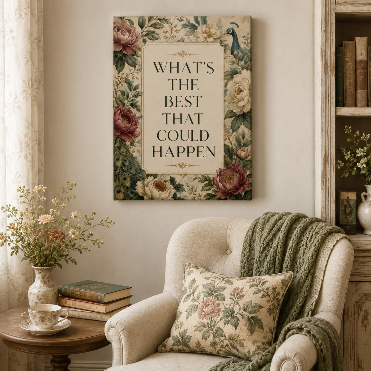 Peacock Floral Framed Canvas Wall Art Vintage Botanical Decor 12x16 Inches (Peacock Floral / 16"L x 12"W)