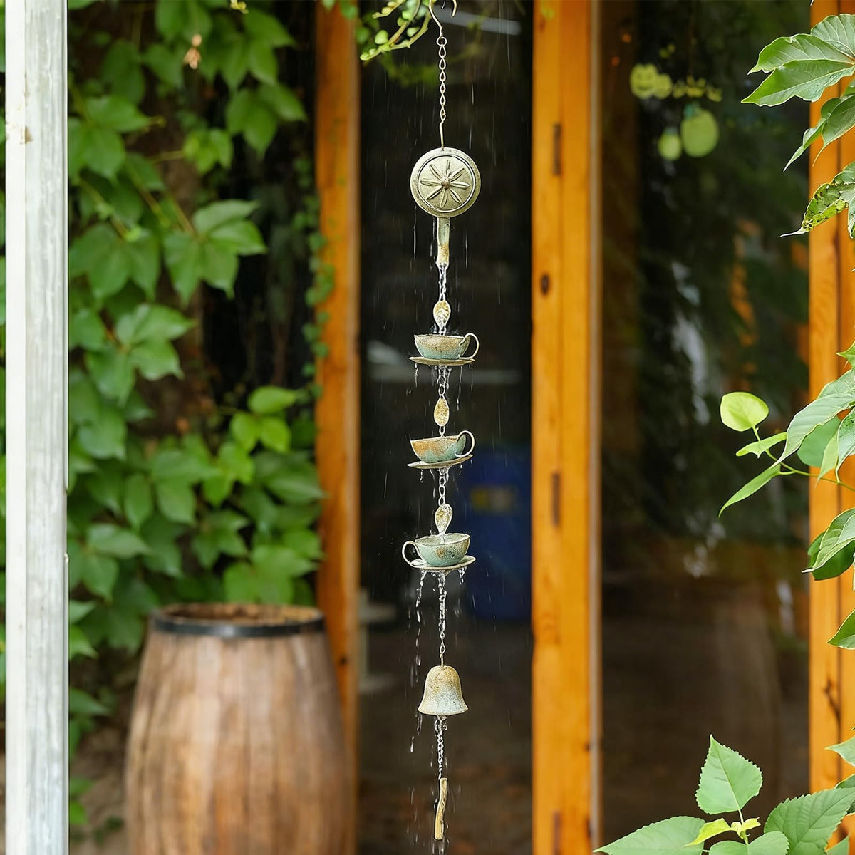 40" H Teapot & Cups Rain Chime with Bell Hanging (3.3 Ft Rain Chime)