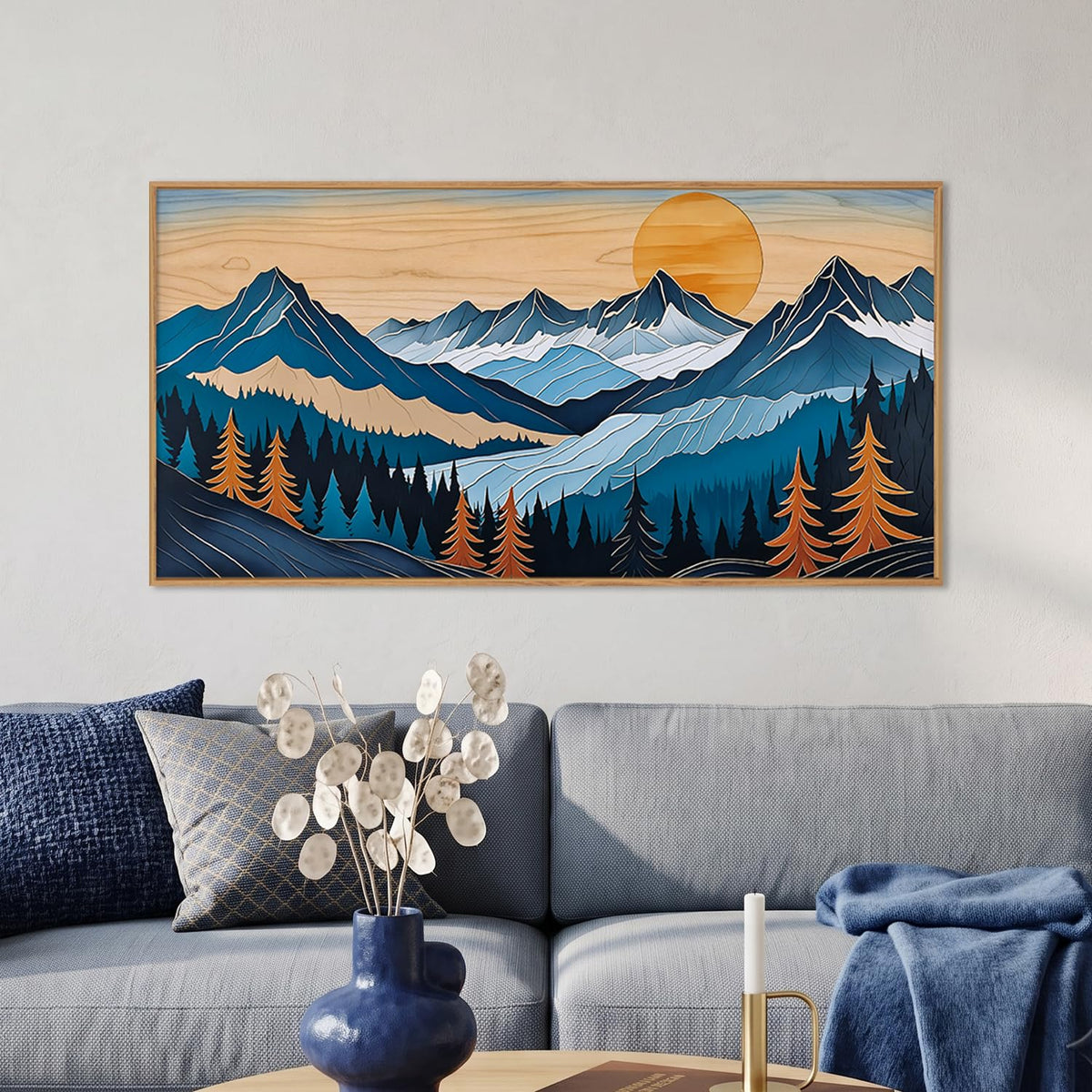 Boho Vintage Mountain Framed Canvas Wall Art Set (Blue Woodcut Mountain Wall Art / 40"L x 20"W)