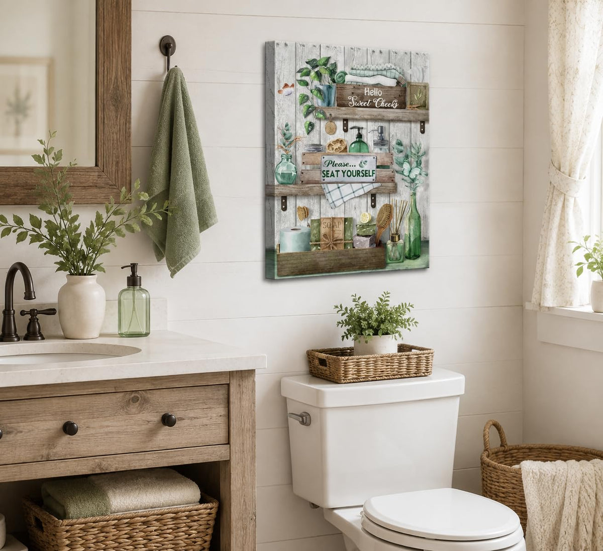 Sage Green Bathroom Canvas Wall Art 16x24Inches (Green Canvas / 24"L x 16"W)