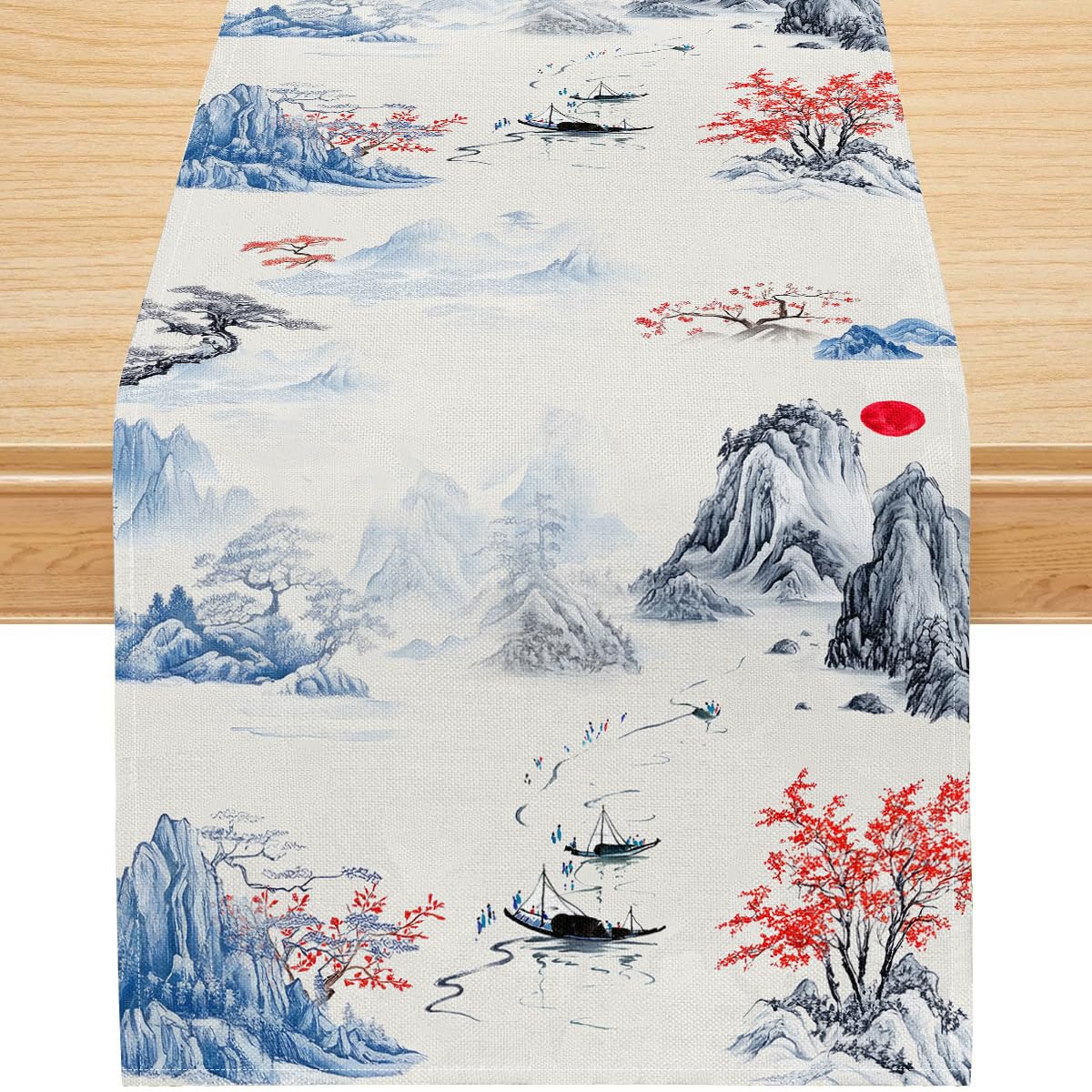 Chinese Ink Mountain Table Runner (13x90inch / Blue Mountain Boat)