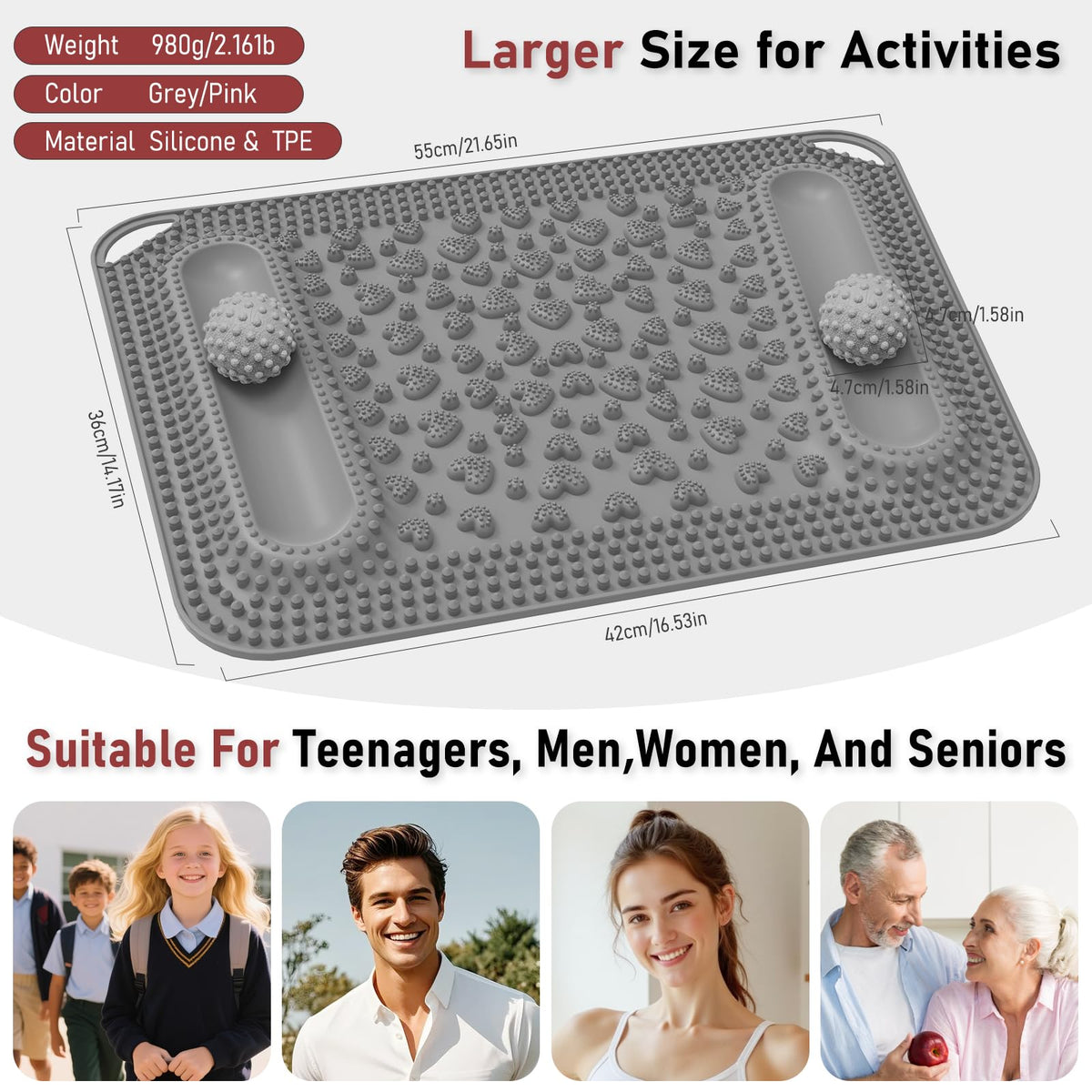 Acupressure Foot Massage Mat & Massage Balls 2 for Body Plantar Fasciitis (22.4x14.2" Grey)