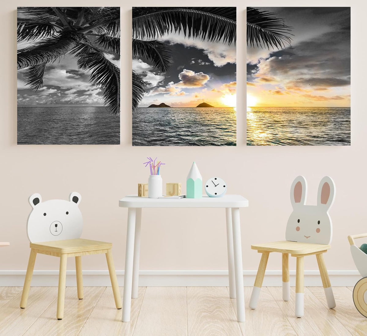 Sunset Beach Canvas Wall Art Bathroom Black and White Coastal Wall Decor Ocean Prints Art Seascape Pictures Palm Painting Artwork for Living Room Bedroom Decor Office Home Decoration (BAbesH3 / 16"x24"inches x 3 pcs)