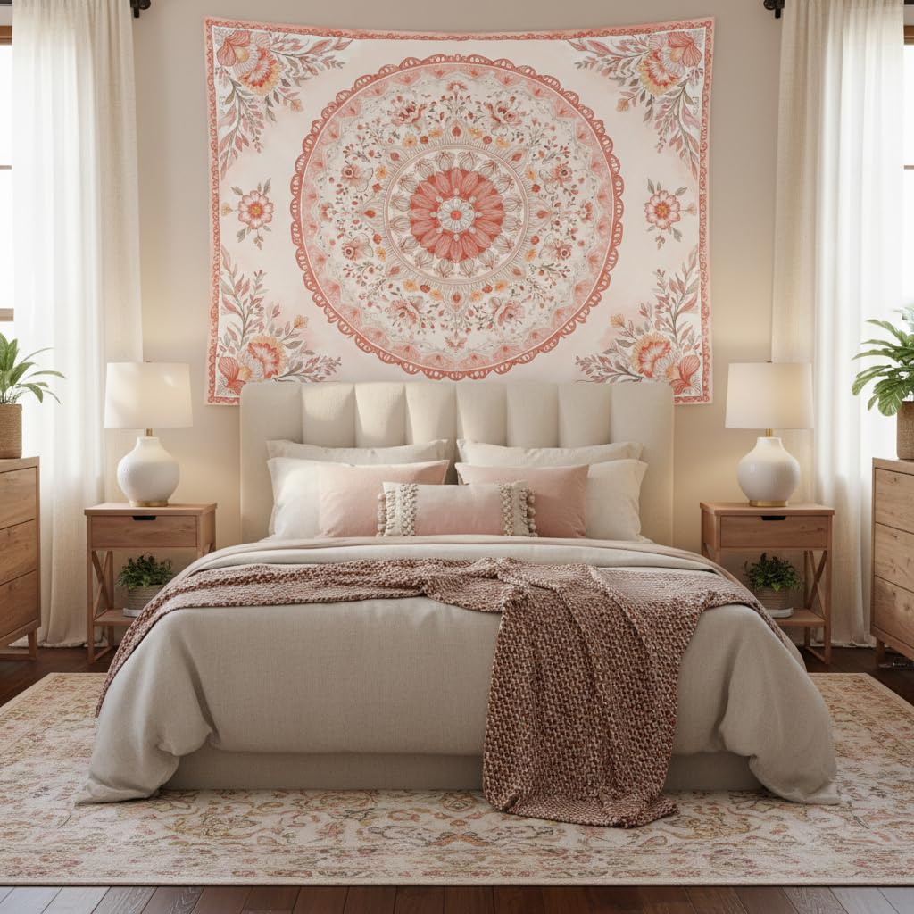 Pink Mandala Tapestry Wall Hanging Boho Floral Tapestry Aesthetic Watercolor Flower Medallion Cute Small Tapestries for Bedroom Living Room Dorm Decor 60 x 44 Inch (Bohemian / Peach Pink / 60"L x 44"W)