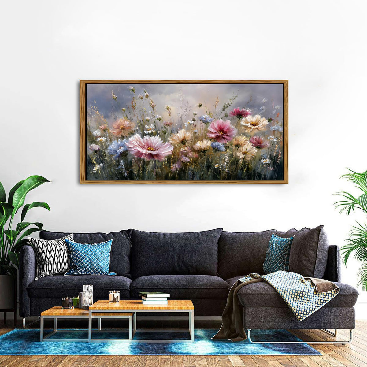 Colorful Pink Floral Wall Art Framed Bedroom Decor Abstract Nature Wildflower Picture Canvas Prints for Living Room Home Decorations (30"L x 57.8"W / Wildflower)