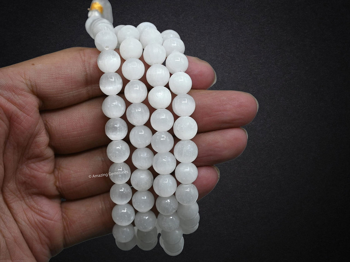 Selenite Buddhist Prayer Beads Japa Mala with 108 Meditation Beads (Without Knots / Selenite)
