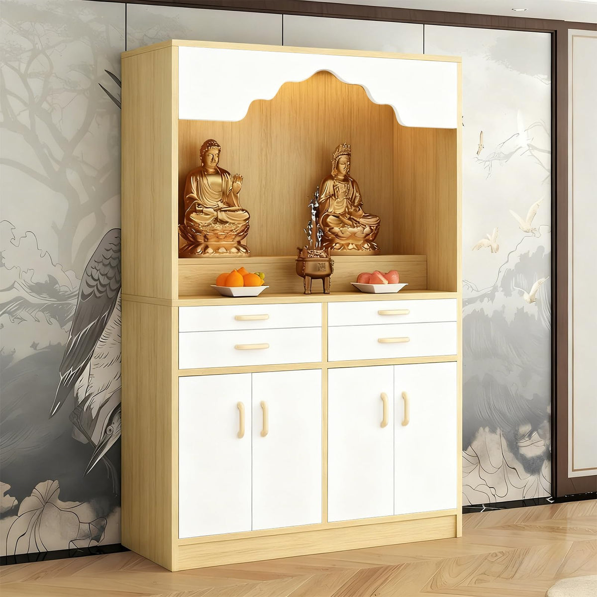 Altar Table Wood Meditation Prayer Table (White + Natural Wood / 47.2" x 15.7" x 63.8")
