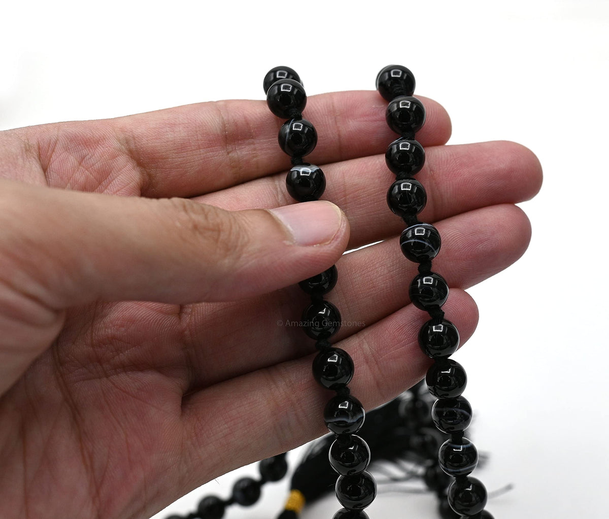 Black Banded Agate Sulemani Hakik Stone Buddhist Prayer Beads Japa Mala with 108 Meditation Beads (Hand Knotted / Black Banded Agate)