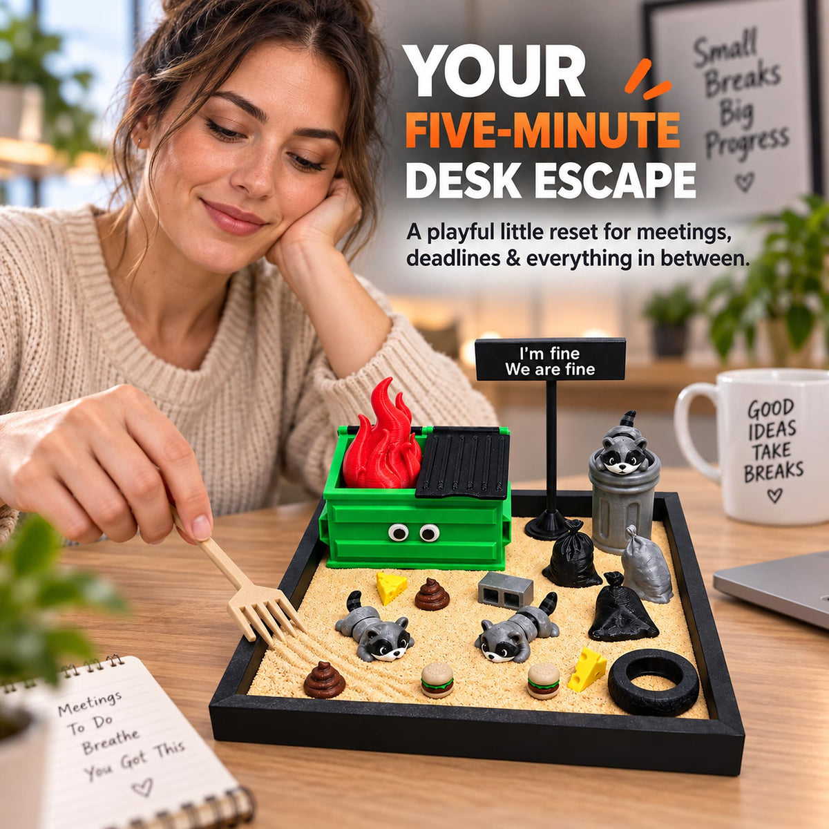 Dumpster Fire Zen Garden for Desk with Large 7.48 x 7.48 Inch Tray and Rake (Black)