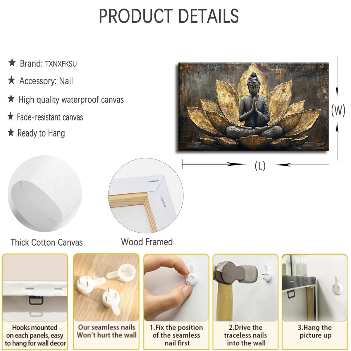 Large Buddha Lotus Canvas Wall Art Abstract Gold and Grey Zen Buddhism Decor painting Pictures Modern Serene Meditation Posters Prints for living room Bedroom Office Hallway Home Decoration (gold / 40"L x 20"W)