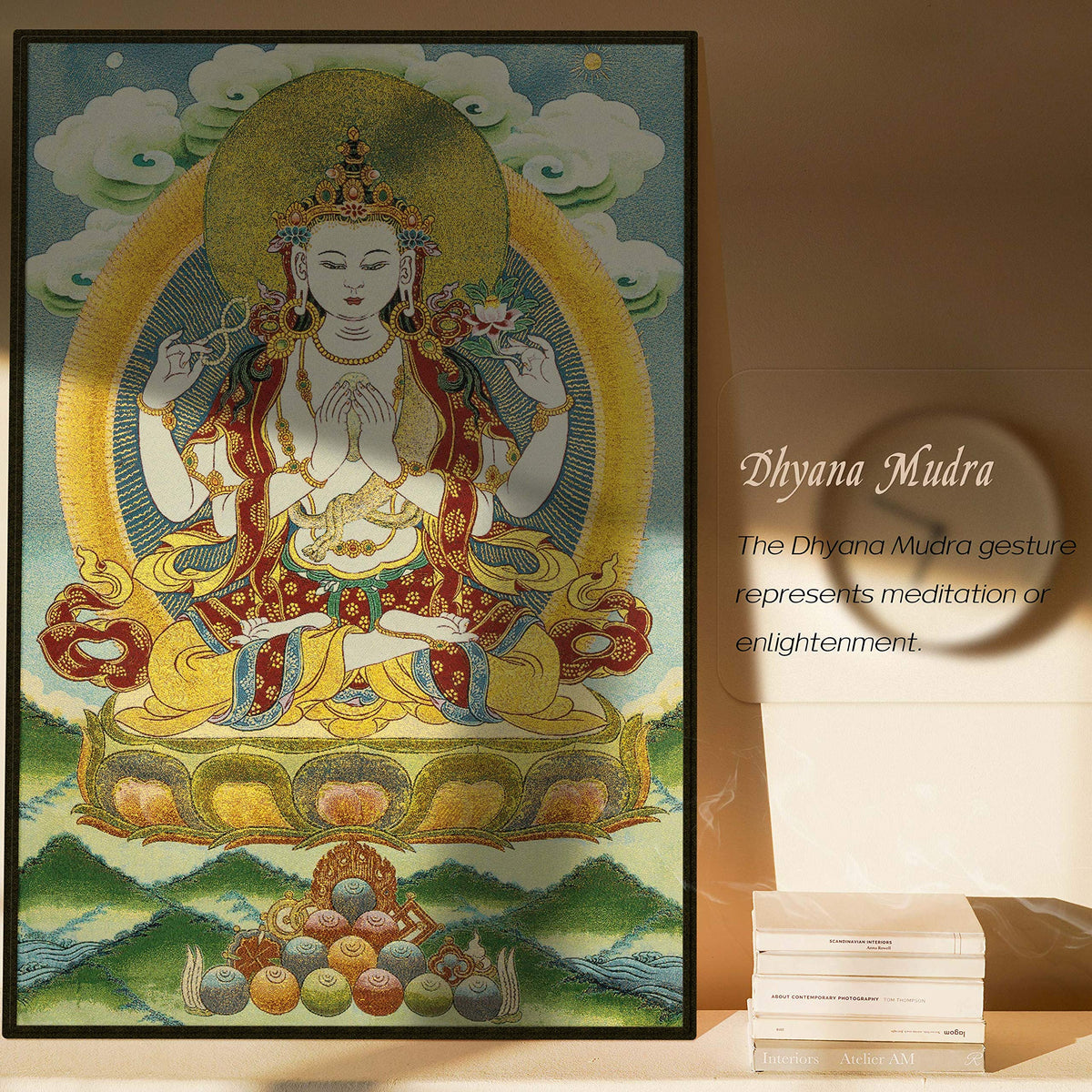 Silk Embroidery Tibetan Thangka with Four Arms Kwan Yin Avalokitesvara Wall Hanging for Home Décor Tapestry Meditation (KT037)