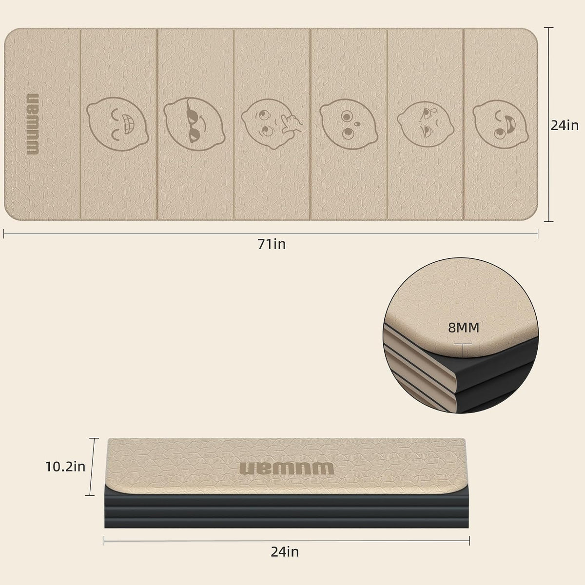 TPE Yoga Mat Foldable 8mm Thick Light Non (Beige&Black)