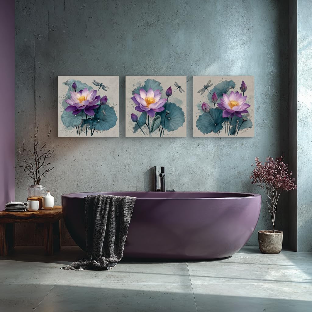 3 Pcs Purple Lotus Canvas Wall Art Chinese Style Floral Prints Waterproof Wrapped Canvas Pictures Dragonfly Botanical Artwork for Living Room Bedroom Bathroom Office Wall Decor Ready to Hang (Purple Lotus and Dragonfly / 20x20inchx3)