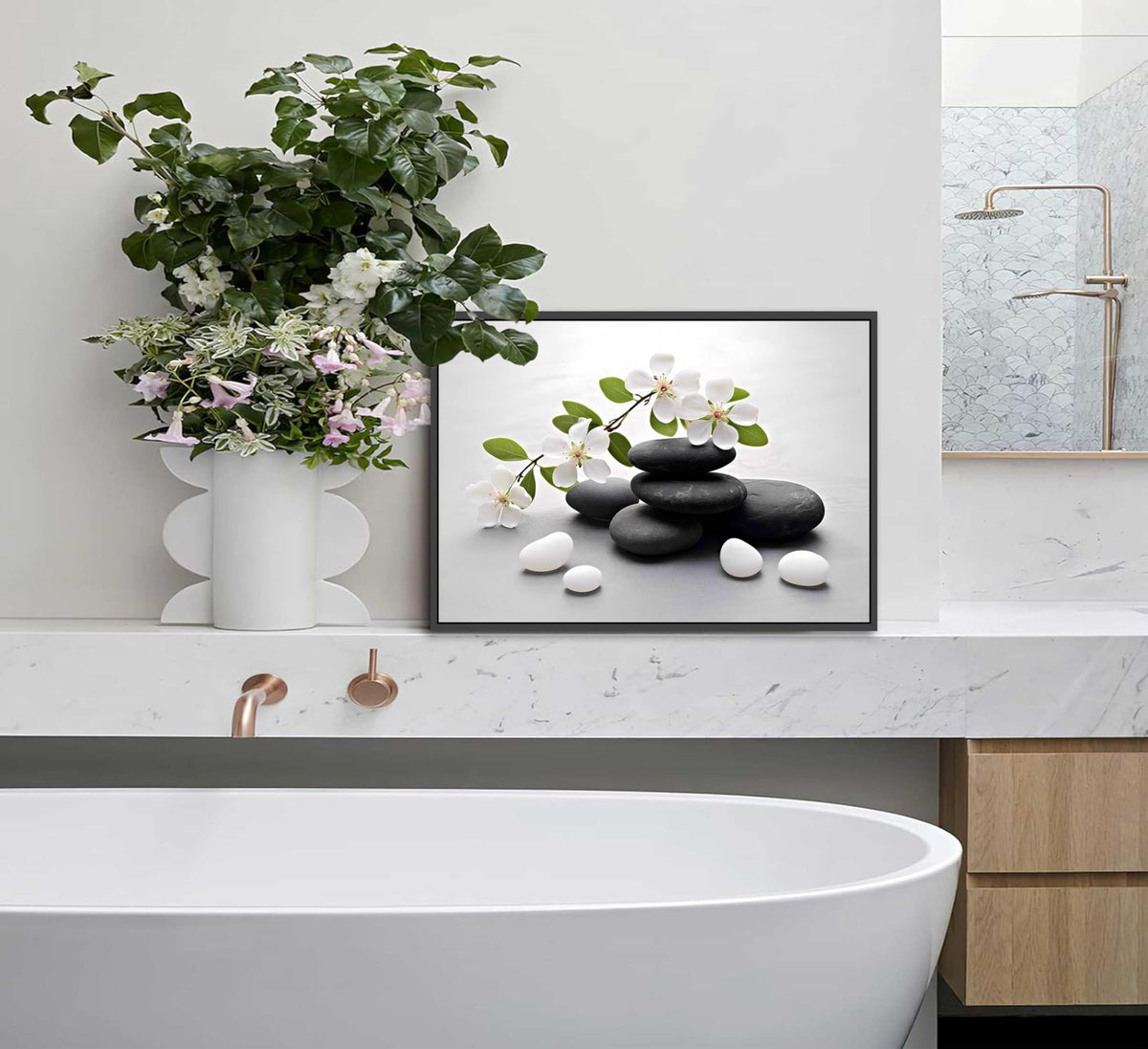 Framed Zen Stone Flower Canvas Wall Art Orchid Flower Black White Zen Stone Picture Wall Decor Still Life Poster Print Artwork for Bathroom Yoga Room Spa Room Meditation Room Office Home Decoration (Framed Stone / 16"L x 12"W)