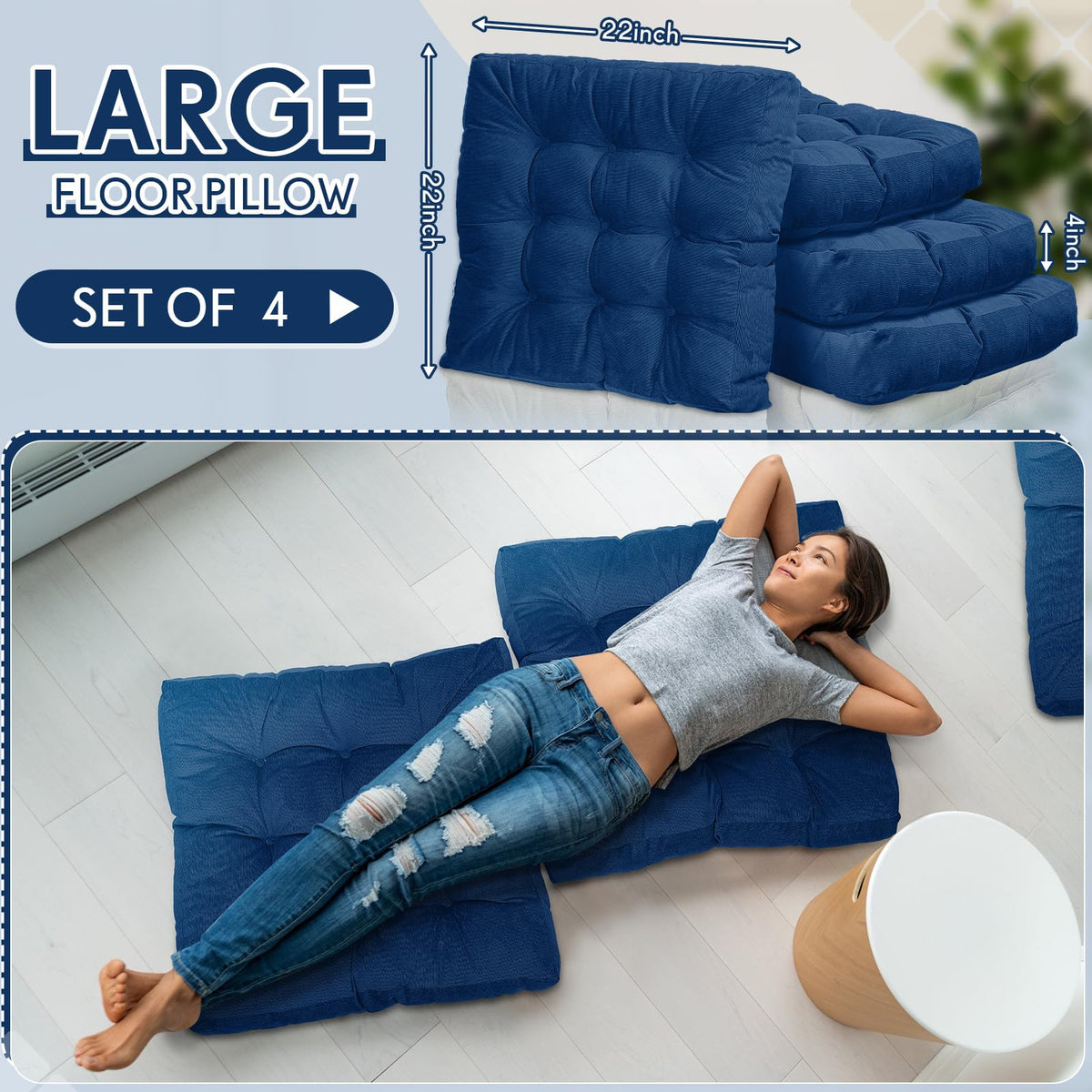 4 Pcs Navy Blue Large Floor Pillow Cushion (Square 22 x 22 / Navy Blue)