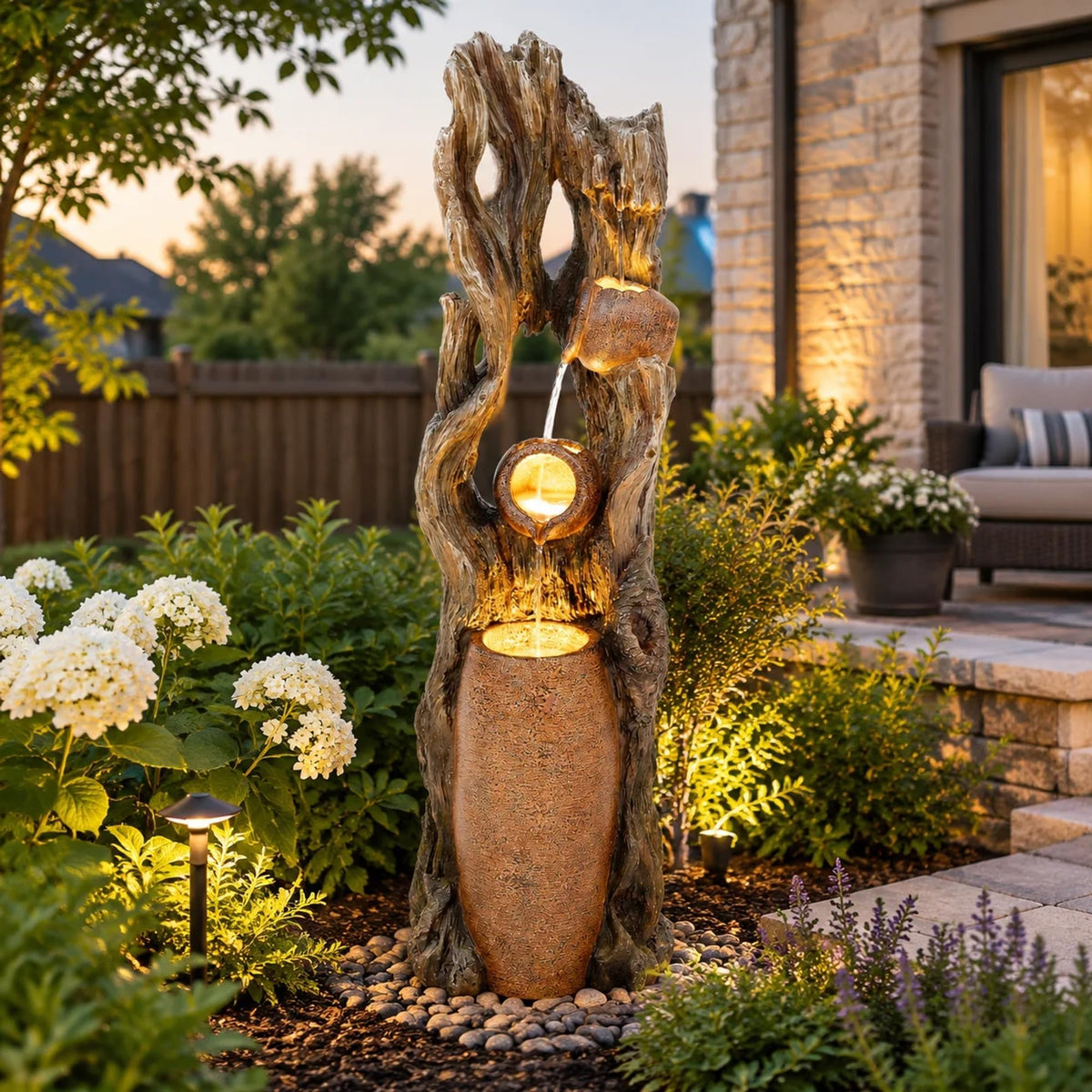 42.7" 3 Tier Outdoor Water Fountain LED Tree Trunk Jar Waterfall (43"h Weathered Trunk)