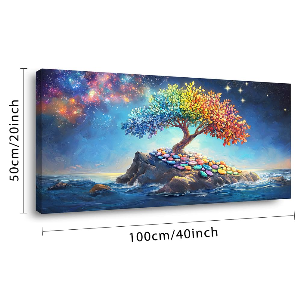 Rainbow Colors Tree Wall Art for Living Room Office Fantasy Art Cosmic Ocean Surreal Landscape Tree of life Painting Prints Magical Canvas Artwork Dining Bedroom Decor (Abstract / Rainbow Colors Tree of life Wall Art / 40"L x 20"W)