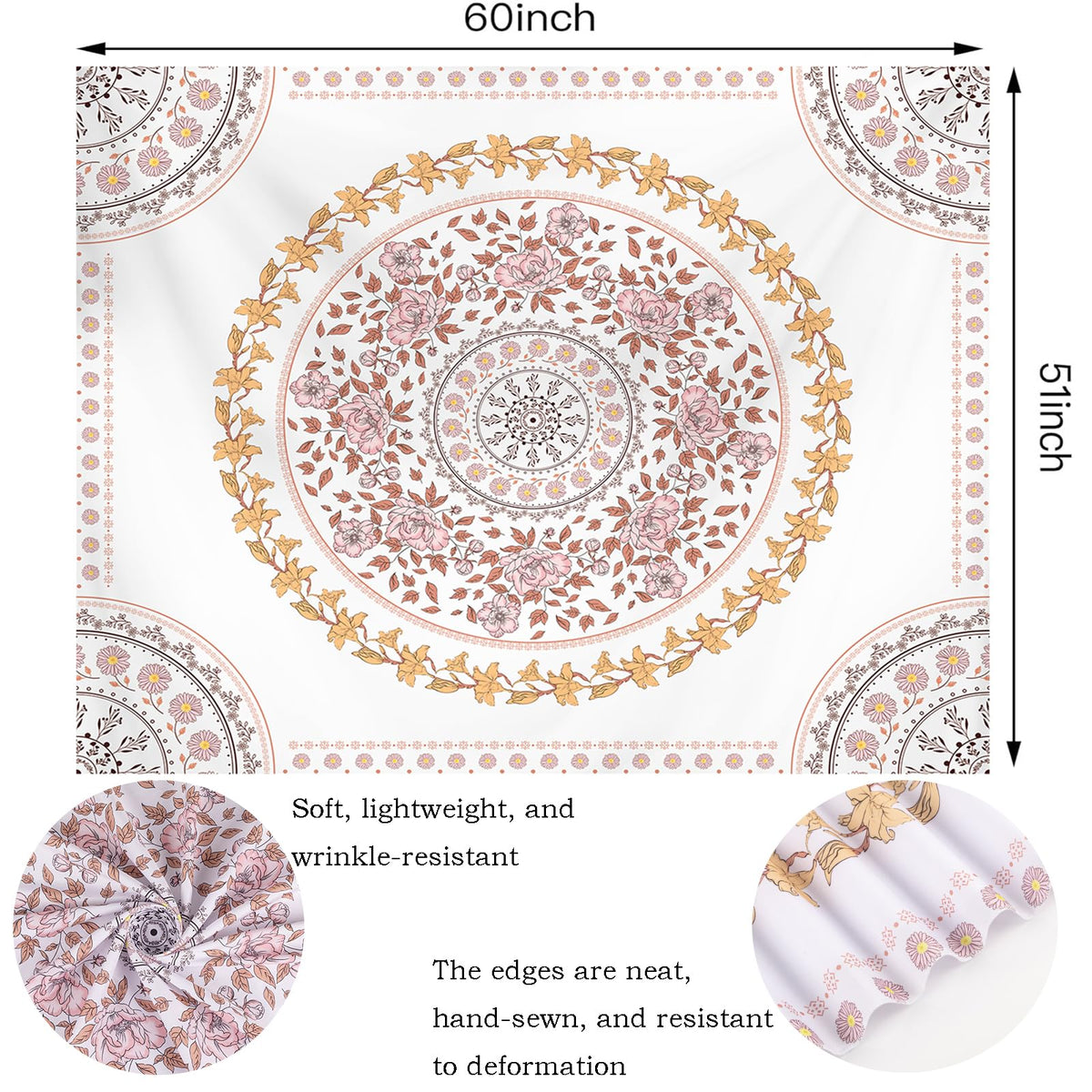 Boho Floral Pink Mandala Tapestry Wall Hanging for Bedroom (Pink Mandala TapestryB / 60"L x 51"W)